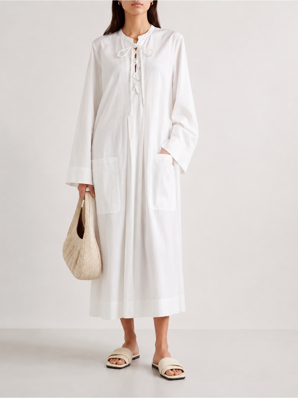 Bassike Lace-Up Long Sleeve Midi Dress in White